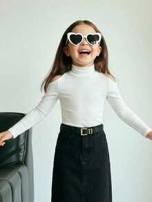 Firerie Kids Firerie Kids 女童纯色立领露肩休闲T恤，圣诞节款，修身复古长袖高领T恤，运动风，适合秋冬季休闲日常穿着及上学，酷炫街头风，日常穿着，上学穿着，Y2K女孩风格，休闲可爱，姐妹装，母女装 - 彩色 - 查看 3