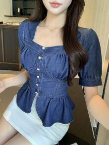 DAZY Women's Sweetheart Collar Short Puff Sleeve Button Design Ruffle Hem Denim Blouse - Blue - View 8