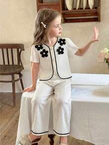 Elladie kids Kleine Mädchen 2-teiliges Set: Kurzarm Top mit Strass Blumen Dekor + weite Hose, modisches Lässig Outfit für Frühling/Sommer - Aprikosenfarben - Übersicht 1