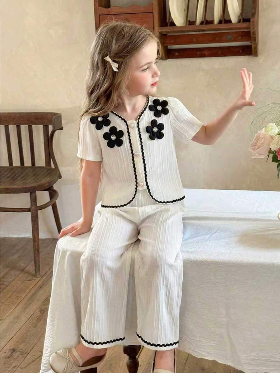 Elladie kids Kleine Mädchen 2-teiliges Set: Kurzarm Top mit Strass Blumen Dekor + weite Hose, modisches Lässig Outfit für Frühling/Sommer - Aprikosenfarben - Übersicht 1