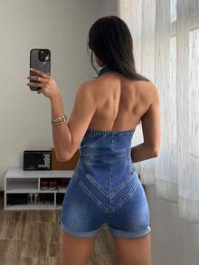 StreetHx 女士性感时尚街头风拉链露背吊带修身牛仔连体裤，夏季 - 藍色 - 查看 2