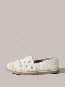 Styleloop Giày bệt mũi tròn đa năng đính ngọc trai giả màu mơ dành cho nữ, kiểu dáng boho thoải mái, thích hợp cho kỳ nghỉ hoặc ngày Valentine. - Màu be - Xem 2