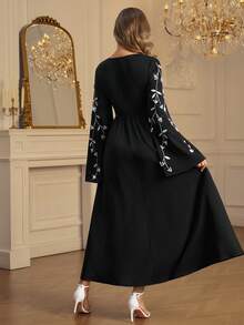 Ellevyn Đầm dài tay thêu cổ chữ V màu đen thanh lịch dành cho nữ, đầm tay dài sang trọng, đầm mùa xuân hè, đầm tay dài che bụng, đầm ngày Valentine, đầm lễ hội, đầm đính đá cho nữ, đầm đen thanh lịch, đầm đen đi nhà thờ, đầm đen cỡ lớn cho nữ, áo Abaya cao cấp cho nữ, áo Abaya đen, đầm tay dài thanh lịch, đầm dạ hội cao cấp cho nữ, đầm sang trọng, đầm tay đính cườm thủ công, đầm kín đáo. - màu đen - Xem 3