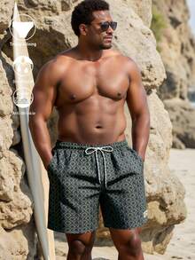 Manfinity KASUA Men's Drawstring Waist Pockets Cartoon Print Casual Beach Shorts - Army Green - View 1