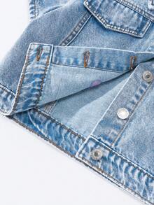 Tween Girls Summer Denim 2-Piece Set, Retro Streetwear Sweet & Cool Fashion Casual College Y2K Style Recommendation. Purple + White Towel Embroidered Design Adds Sweet & Girly Vibe. Cropped Lapel Top With Metal Buttons, Paired With High-Waisted Wide-Leg Pants. Loose Fit Flatters Legs. Combines Vintage And Playful Styles. Suitable For Daily Outings, Music Festivals, Picnics, Hangouts With Friends, And Campus Wear, Creating A Youthful Yet Unique Look. Full Outfits For 11 To 12 Year Old With Plant - Light Wash - View 4