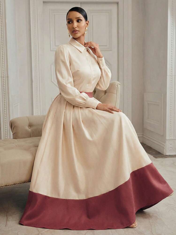 Women's Elegant Puff Sleeve Shirt & Colorblock Flared Skirt 2 Pieces Set, Apricot