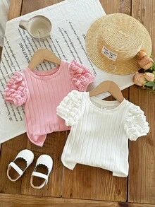 SHEIN 2pcs Cute Casual Solid Color Bubble Short Sleeve Knit Tops, "Babygirl" - Multicolor - View 6