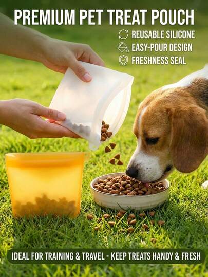 PETSIN 这些耐用、防水、防漏、可重复密封的硅胶狗狗零食袋，防异味、易清洁、可用洗碗机清洗、轻便易携、单手即可轻松操作，并且采用时尚防污设计。适用于幼犬训练、散步、远足、旅行、日常户外活动和车内活动，可重复使用的零食袋是宠物主人的必备品。