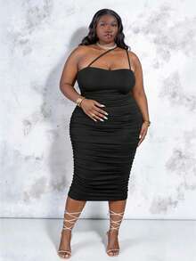 CurvyTilda 纯色褶饰紧身连衣裙，女士生日礼服 - 黑色 - 查看 3