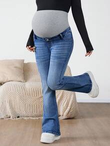 SHEIN Maternity Navy Blue Winter Casual Flare Jeans,Everyday High Waist Color Block Pregnancy Pants With Ribbed Over Belly Panel For Expectant Mothers - Medium Wash - View 5