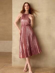 MOTF PREMIUM FASHIONABLE METAL COATED PLEATED HALTER NECK MIDI DRESS - Pink - View 6