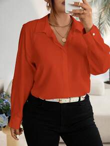 EMERY ROSE 大码女式纯色休闲百搭长袖衬衫，适合日常穿着 - 亮橙色 - 查看 4