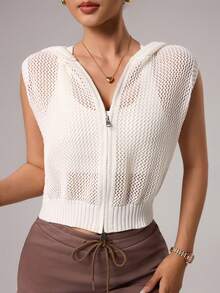 女士无袖针织背心开衫，运动毛衣外套 - 白色 - 查看 3