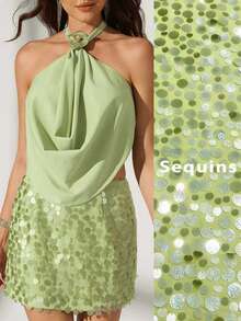 Bluhae Women's Sexy Backless Halter Top And Sequin Mini Skirt 2 Pieces Set, Summer - Green - View 1