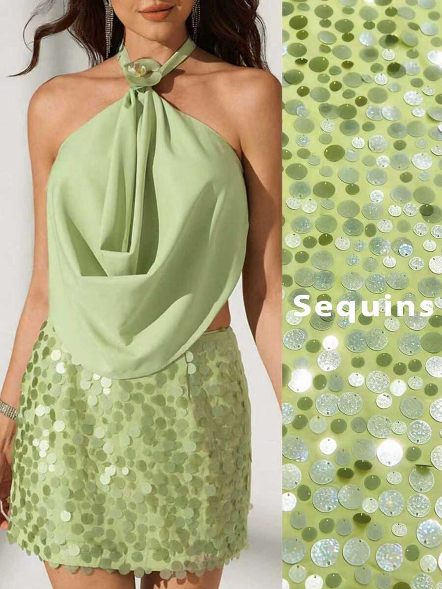 Bluhae Women's Sexy Backless Halter Top And Sequin Mini Skirt 2 Pieces Set, Summer - Green - View 1