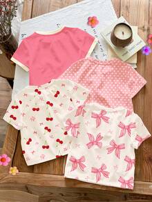 SHEIN LMoss Kids Bộ 4 áo thun ngắn tay cổ tròn màu hồng nhạt dễ thương cho bé gái, họa tiết nơ anh đào và hoa, kiểu dáng tối giản, mềm mại và thoải mái, thích hợp mặc hàng ngày vào mùa xuân/hè. - Nhiều màu - Xem 2