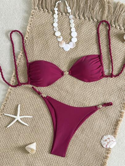 Swim Chiccia 2026 New Women's Summer Beach Vacation Metal Buckle Decor Braided Bandeau Thick Strap Solid Color Wine Red Sexy Backless Swimsuit Set, 2-Piece