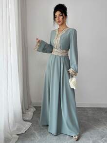 Rafferiza Women's Solid Light Gray-Green V-Neck Waist Cinched Long Sleeve A-Line Ruffle Trim Cinched Waist Robe, Women's Long Robe Turkish Abaya, Arab Long Robe For Fall - Gray green - View 1