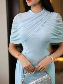 Feyla 女士优雅纯色褶皱连衣裙，夏季 - 藍色 - 查看 6