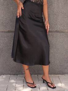 Rayane Ketlyn High Waist Elegant Satin Skirt - Black - View 3