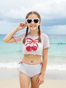 3pcs Girls Graphic Print Swimwear Set, Simple Style - Red - View 7