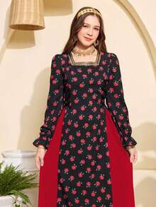 Đầm bé gái tuổi teen in hoa, cổ vuông viền ren vàng, tay dài xòe, dài đến mắt cá chân, phối ren bên hông, thích hợp cho mùa xuân. - màu đen - Xem 3