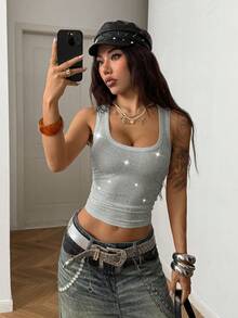 StreetHx Women's Street Style Rhinestone Ruched Cropped Camisole - Light Grey - View 3