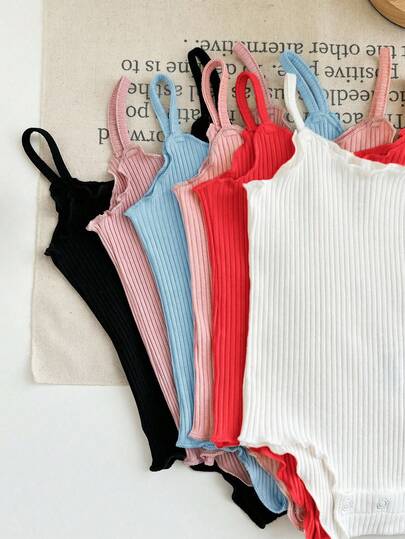 SHEIN LMoss Kids 6pcs/Set Newborn Baby Girl Cute Casual Solid Color Knitted Romper Outfit, Summer