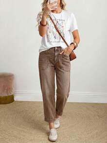 EMERY ROSE Plus Size Women Casual Everyday Commute Patchwork Pocket Washed Straight Leg Jeans - Camel - View 6
