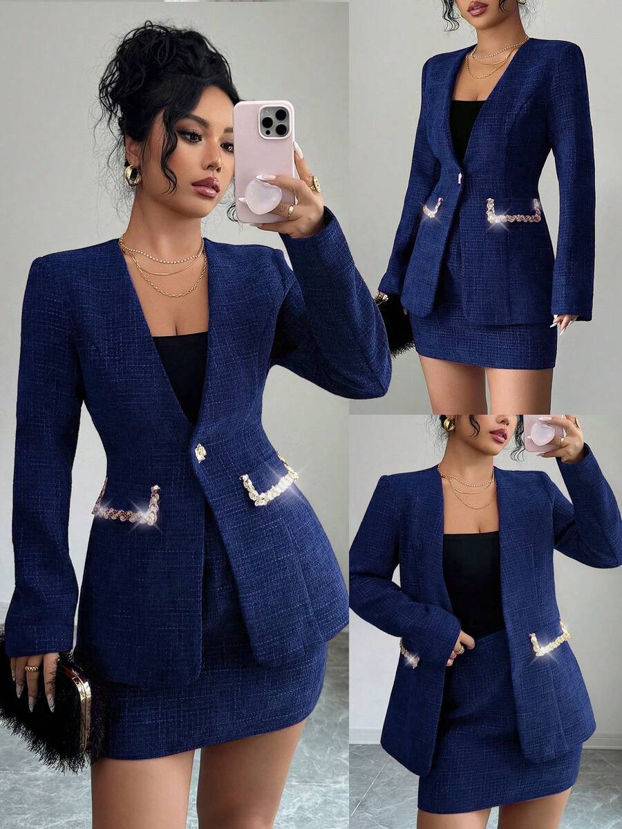 Elenzga 2025秋冬新款女士时尚优雅亮片装饰红色粗花呢套装两件套 - 藏蓝色 - 查看 1