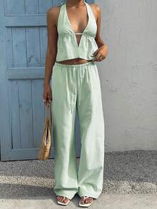 Sunnyshic Set de 2 piezas con top halter con escote en V profundo y espalda descubierta a rayas, y pantalones de pierna ancha con cordón en la cintura, de algodón, casual, versátil, adecuado para uso diario, vacaciones, primavera/verano - Verde - Ver 5