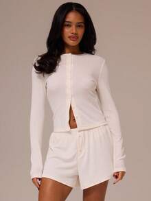 MUSERA ESSENTIALS Fitted Button Through Longsleeve Crewneck Pointelle Cardigan Spring Winter Cosy Cute Daily Girly Lounge Essential - Cream - View 1