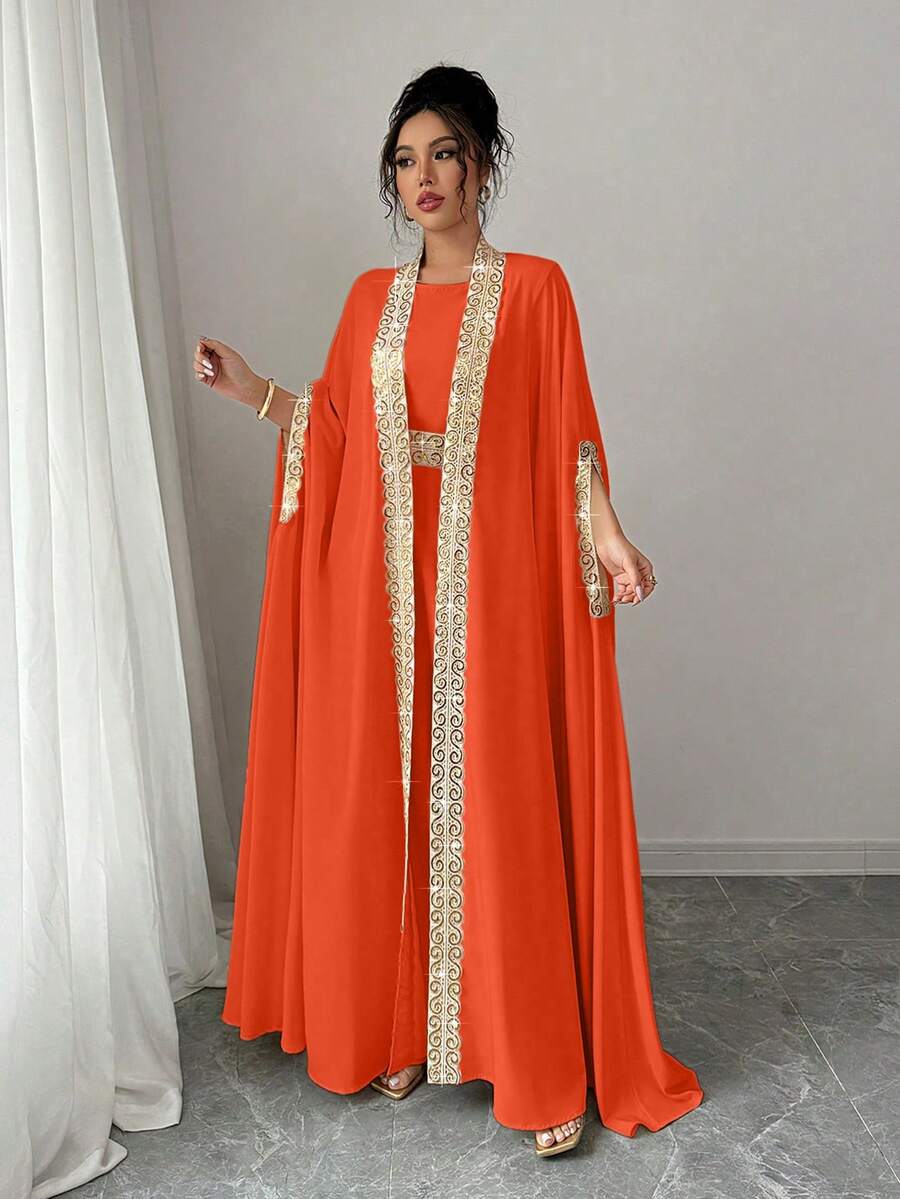 Rafferiza Women's Elegant 2 Pieces Set: Ribbon Trim Batwing Sleeve Robe & Sleeveless Round Neck Dress - Orange - View 1