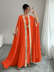 Rafferiza Women's Elegant 2 Pieces Set: Ribbon Trim Batwing Sleeve Robe & Sleeveless Round Neck Dress - Orange - View 4