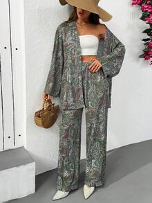 Cloudara Set da due pezzi kimono bohémien con pantaloni ampi a gamba larga, caratterizzato da dettagli di stampa colorati e alla moda. Comodo e accattivante coordinato perfetto per vacanze, resort, giorni in spiaggia, uscite estive casual e look di tutti i giorni elegantemente stilosi. - Multicolore - Visualizzare 1