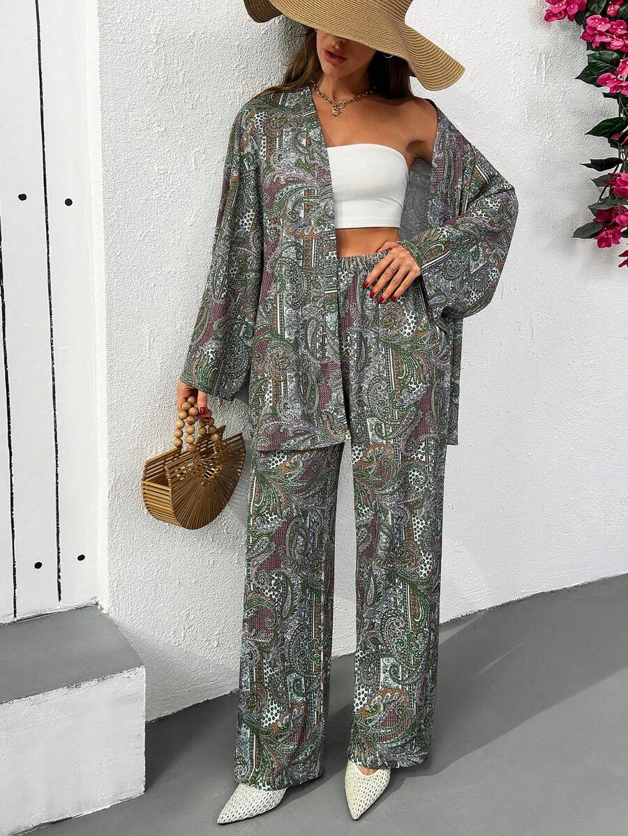 Cloudara Set da due pezzi kimono bohémien con pantaloni ampi a gamba larga, caratterizzato da dettagli di stampa colorati e alla moda. Comodo e accattivante coordinato perfetto per vacanze, resort, giorni in spiaggia, uscite estive casual e look di tutti i giorni elegantemente stilosi. - Multicolore - Visualizzare 1