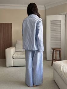 DAZY 2件套秋季棉质卡通小狗条纹宽松开衫长袖长裤女式睡衣套装 - 藍色 - 查看 2