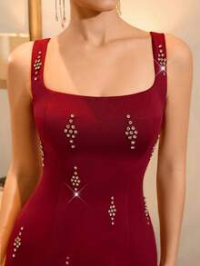 Poshira Women's Fashionable & Elegant Rhinestone Embellished Bodycon Party Dress, Summer - Burgundy - View 7