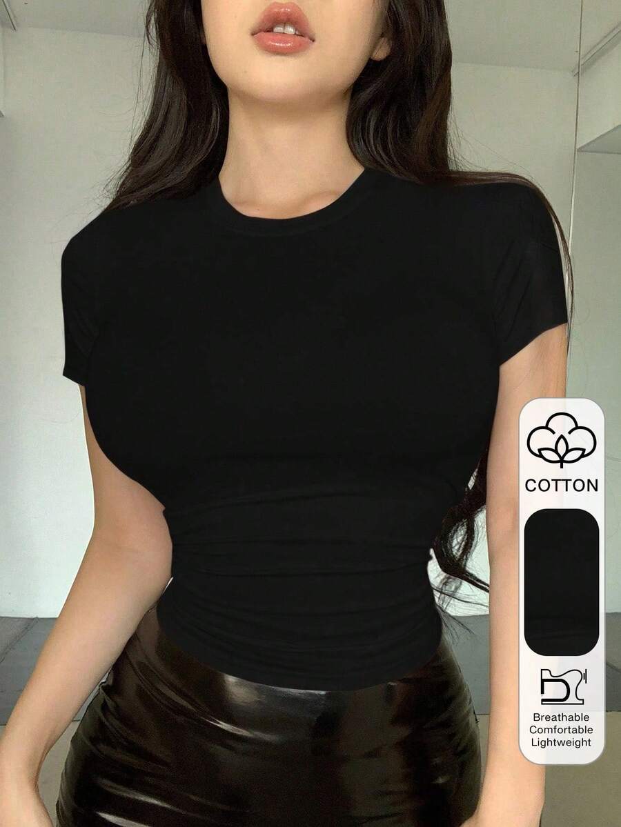 DAZY 女士休闲纯色圆领短袖棉质T恤 夏季 - 黑色 - 查看 1