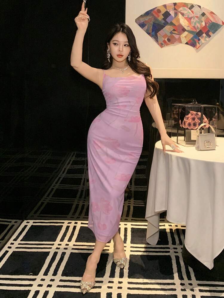 Spring/Summer Ditsy Floral Dress, Elegant Fitted Spaghetti Strap Long Dress For Wedding, Party, Prom Sundress Cocktail Dress