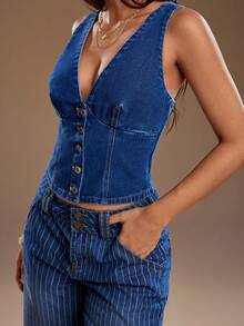 TRNVIE 女士深V领单排扣修身牛仔背心 - 藍色 - 查看 3