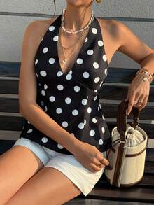 Cévolie Women's Polka Dot Print Plunging Neck Sexy Fashion Halter Top - Black and White - View 5