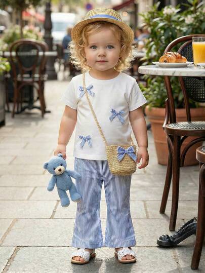 Souflis Souflis Baby Girls' Korean Style Casual Cute Car & Bow Knit Short Sleeve Top And Black Flared Pants Set, Summer