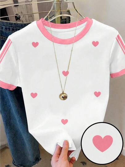 青少年女孩休闲爱心印花短袖圆领T恤，适合夏季穿着，美式度假风，白色修身日常穿着，粉色花卉条纹时尚舒适百搭，修身款，适合女性母亲节居家休闲经典粉色爱心