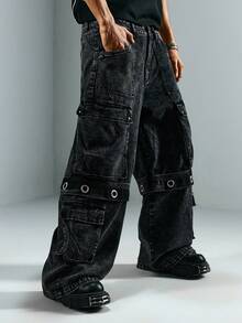 Street Life Quần jeans ống đứng dáng rộng thoải mái cho nam - màu đen - Xem 4