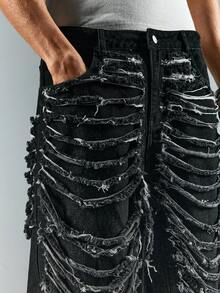 ROMWE MEN Street Life Men's Distressed Black Washed Denim Shorts - Black - View 2