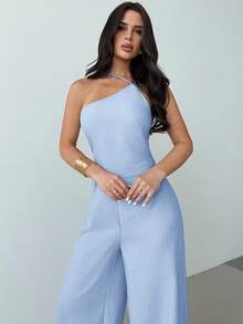 Firerie 优雅亚麻露背褶皱腰部阔腿连体裤，休闲、度假、通勤、夏季 - 淺藍色 - 查看 6