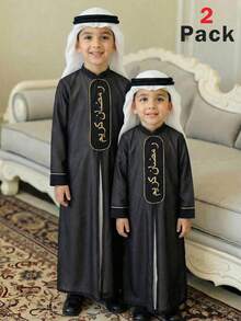 SHEIN 2pcs/Set Tween Boy Casual Everyday White Robe + Black Robe Set, Suitable For Spring & Summer, Ramadan Clothing, Traditional Arab Clothing, Jalabiya, Eid Dress, Casual Comfortable Color Block Round Neck Half-Zip Long Sleeve Shirt, Suitable For Spring/Summer, Outings, Valentine's Day, Dates, Travel, Vacation, Family Gatherings, Back To School, Wedding Season, Formal Dinners, Birthday Parties - Black and White - View 2