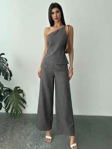 Firerie 春夏新款优雅杏色亚麻不对称下摆褶皱腰部露背吊带背心和高腰长裤两件套亚麻套装 - 深灰色 - 查看 6