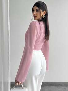 Firerie Women's Elegant Minimalist Delicate Romantic Vacation & Commute Chiffon Draped Flare White Blouse,Summer Top - Dusty Pink - View 4